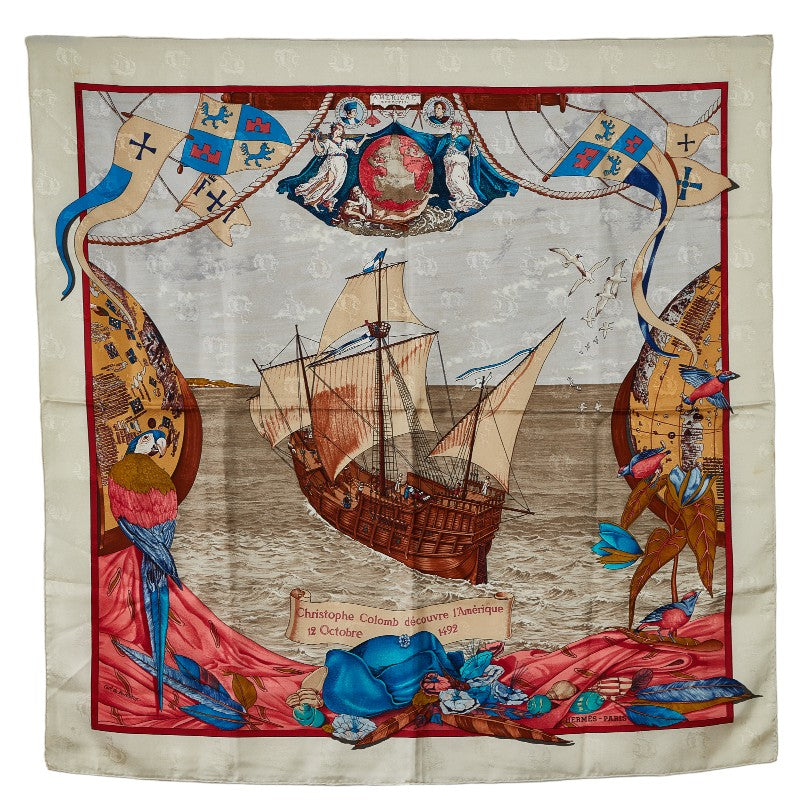 Christophe Colomb decouvre 1 Amerique 12 Octobre 1492 SCalf White Multicolor Silk  Hermes