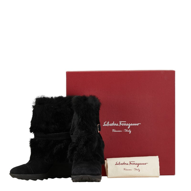 Salvatore Ferragamo Rabbit Snow Boots Size 6 1/2 0586314 Black Suede  Salvatore Ferragamo