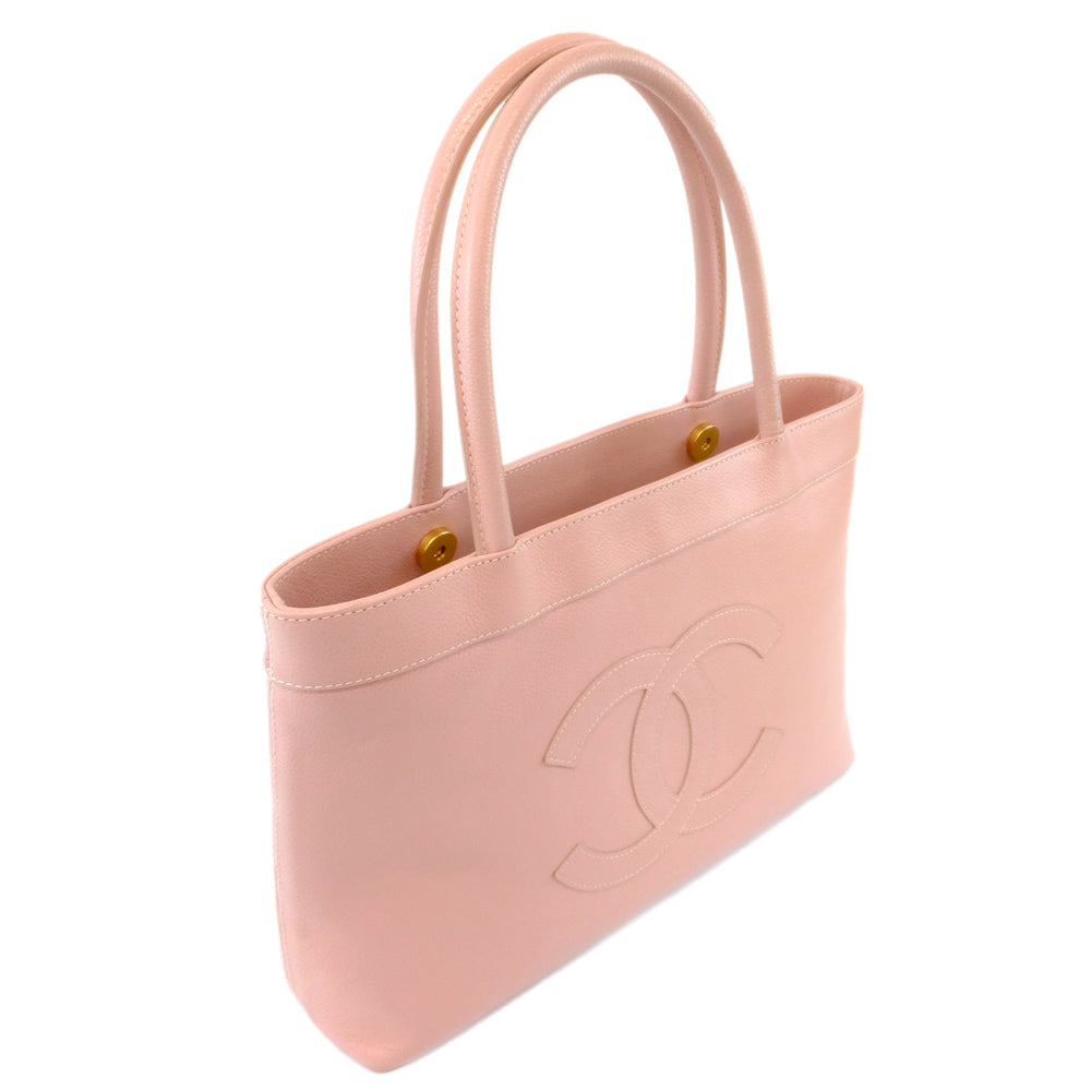 Chanel Caviar S Tote Bag Pink G  Beige Background Logo Leather Thin