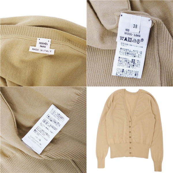 Hermes Nitted Cardigan Medal Button  Wool Stands Long Sleeve Tops  38 (M equivalent) Beige  NIT