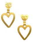 Chanel Heart Dangle Hoop Earrings Gold Clip-On 95P