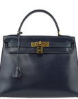 Hermes Blue Indigo Box calf Kelly 28 Sellier Handbag