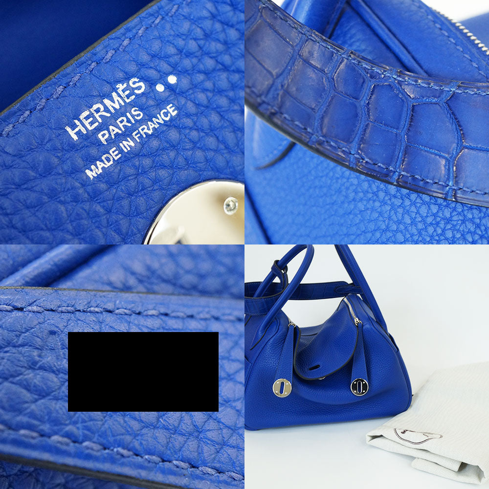 HERMESL Hermes Lindy 26 Blue  Handbag A刻 Trijunclemance Shoulder Tote Leather Crocodile Extraordinary Bottle