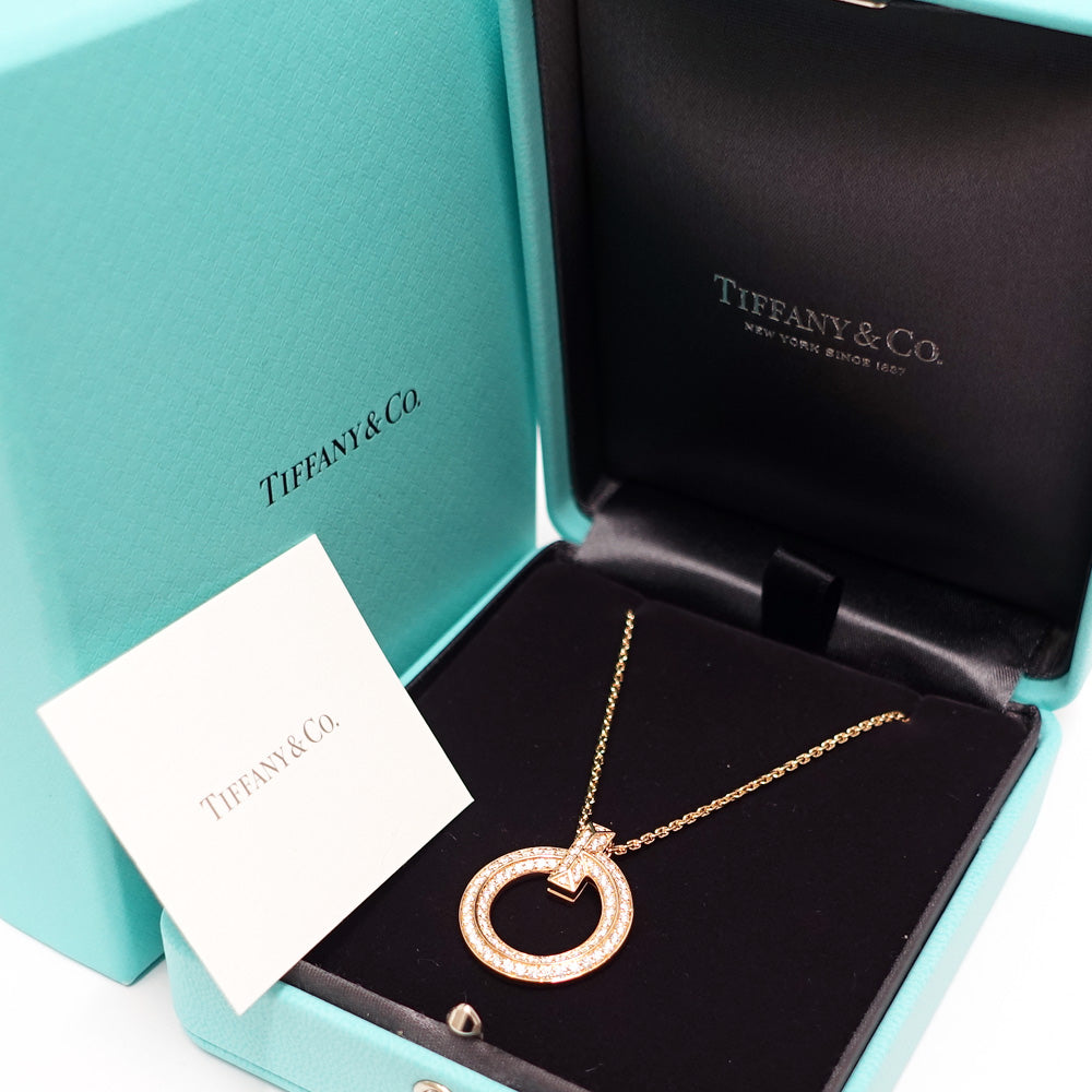 Tiffany K18PG T one circle diamond necklace pedant pavet jewelry 750PG