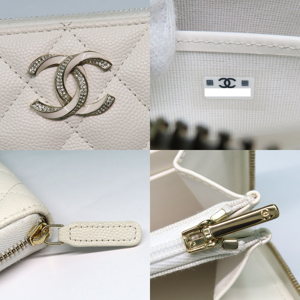 CHANEL CHANEL Long Zip Wallet AP3337 Matrasse Caviar S White G  Round  Long Wallet Coco Small Leather