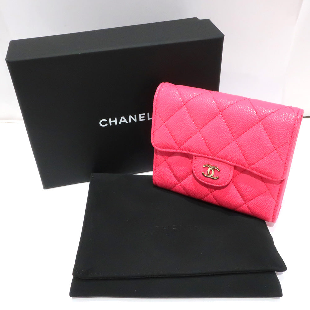 Chanel Wallet Matrasse Caviar S Three Fold Pink Leather Gold   Small Boxes