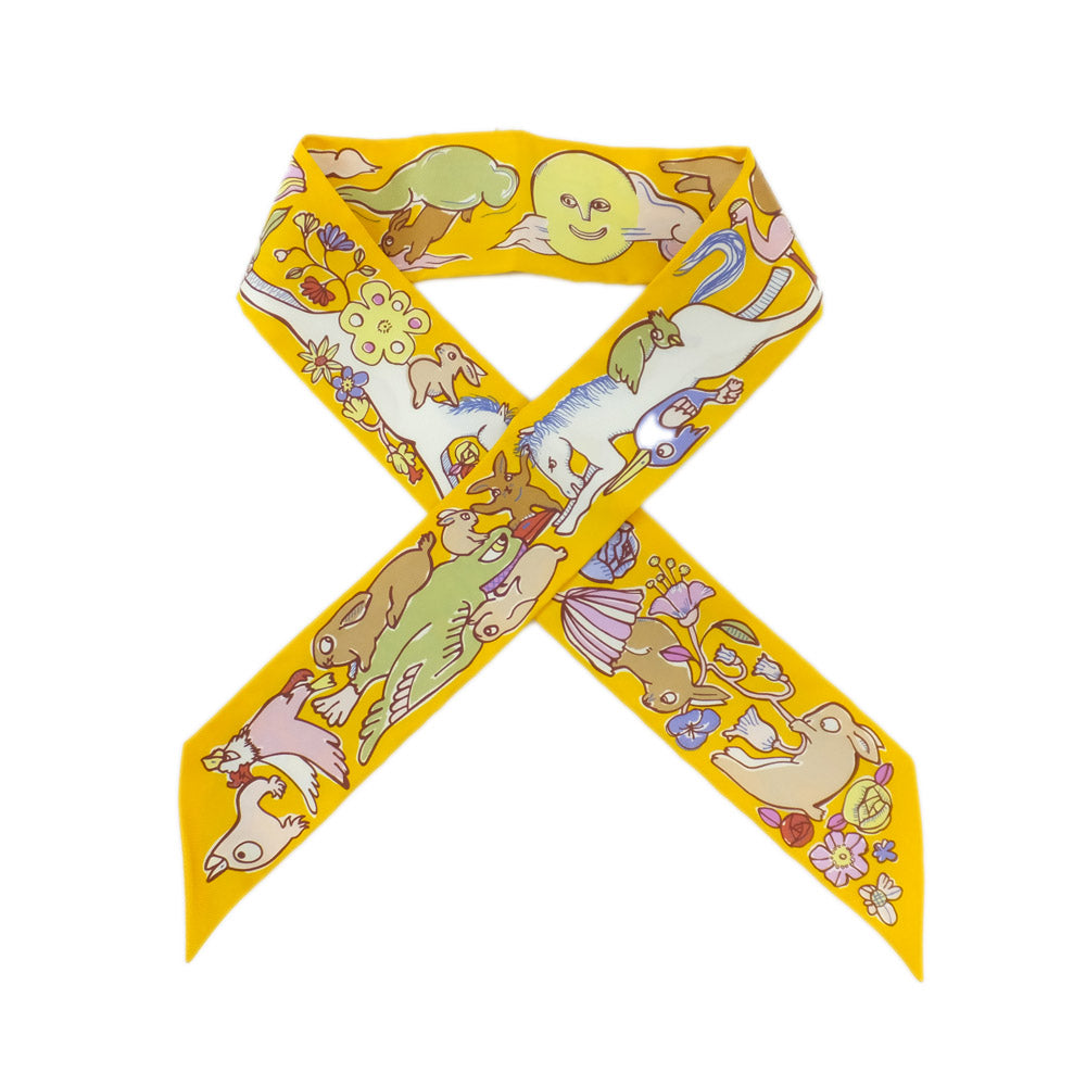 Hermes  mille et un lapins rabbit yellow animal motif ladies shirt silk accessories small