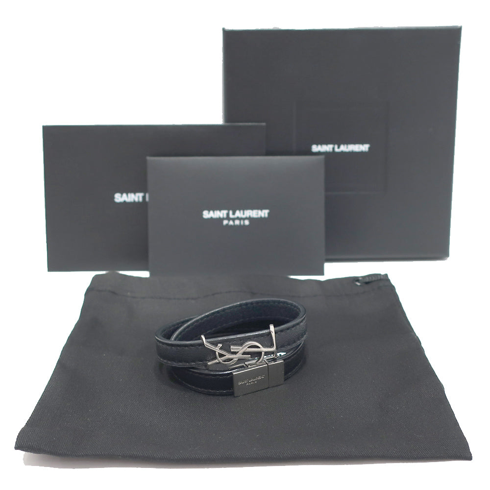 Saint Laurent Opium Double  Bracelet 536073 Black Silver G  Leather  Women Box  Bag