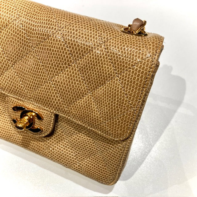 CHANEL * 1991-1994 Classic Square Flap Mini Beige Lizard