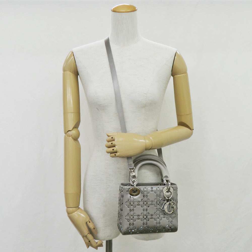 CHRISTIAN DIOR  Dior Mini M0500RTC Satin Vision Stone Silver Silver G  Grey Lady Dior Shoulder Bag Handbag
