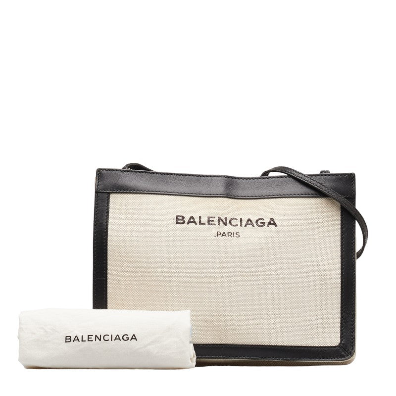 Valenziaga Navy Posket Pulled Shoulder Bag 339937 White Black Canvas Leather  BALENCIAGA