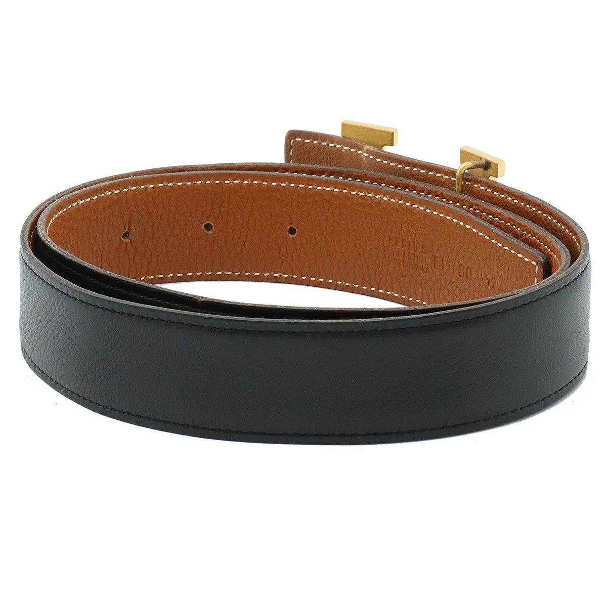 Hermes H-Belt Reverseible Leather Black Black Brown Tea Gold  