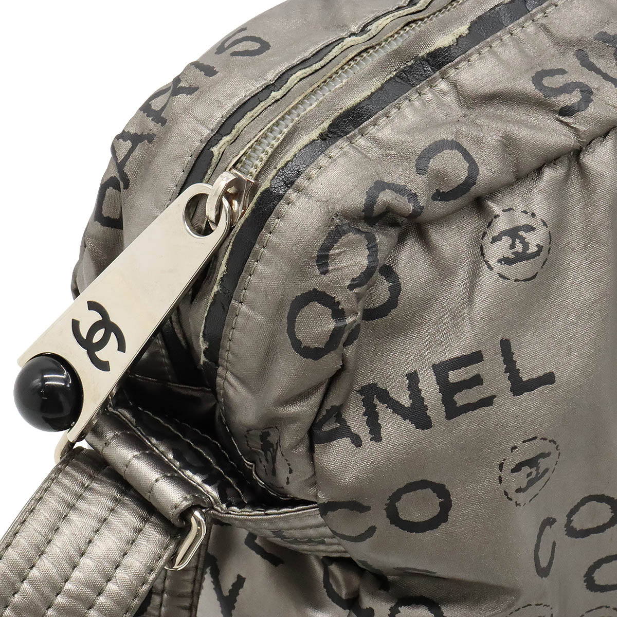 CHANEL Logo Shoulder Bag  Pochette Nylon Silver Black Silver A46531