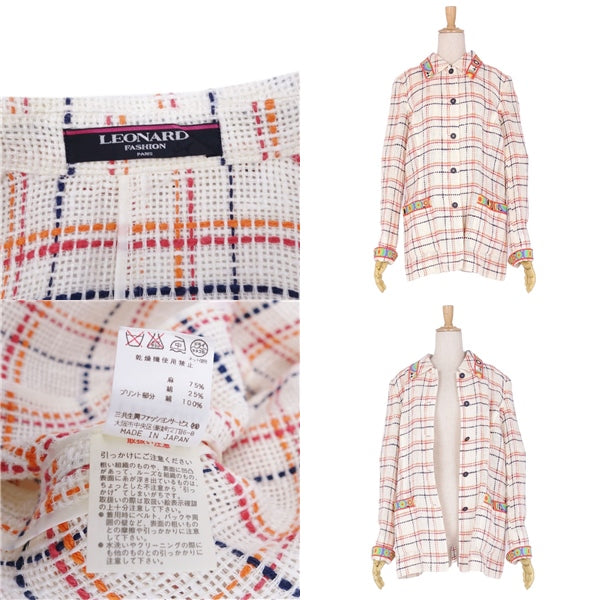 LEONARD FASHION Jacket s Check Linen Cotton Out  40 (M equivalent) White/Orange/Navy Sex