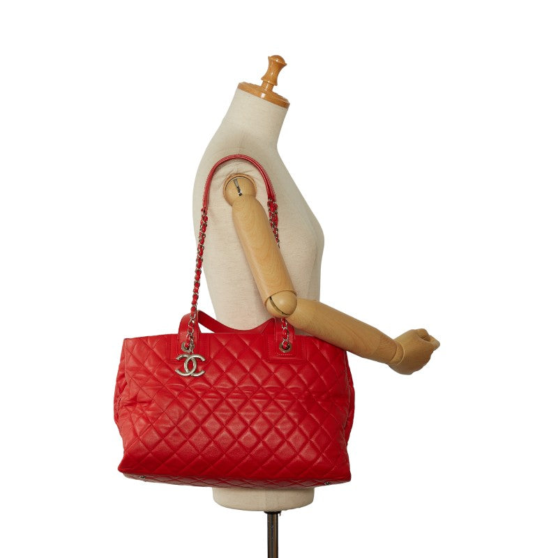 Chanel Coco Chain Matrasse Chain Shoulder Bag Tote Red Silver Leather  Chanel
