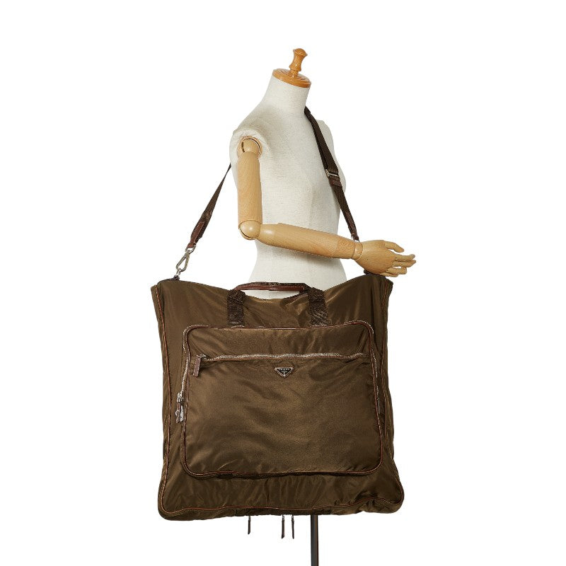 Prada Triangle Logo  Garment Handbag Shoulder Bag 2WAY Carkegreen Brown Nylon Leather Men PRADA