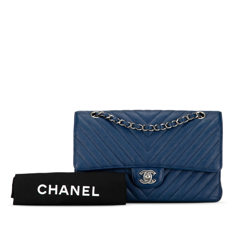 Chanel Coco V Stitch Double Flap Chain Shoulder Bag Blue Leather  Chanel