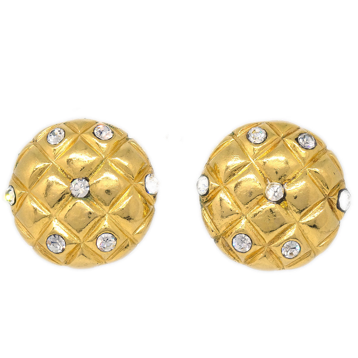 CHANEL 1980s Crystal &amp; Gold Quilted Earrings Clip-On