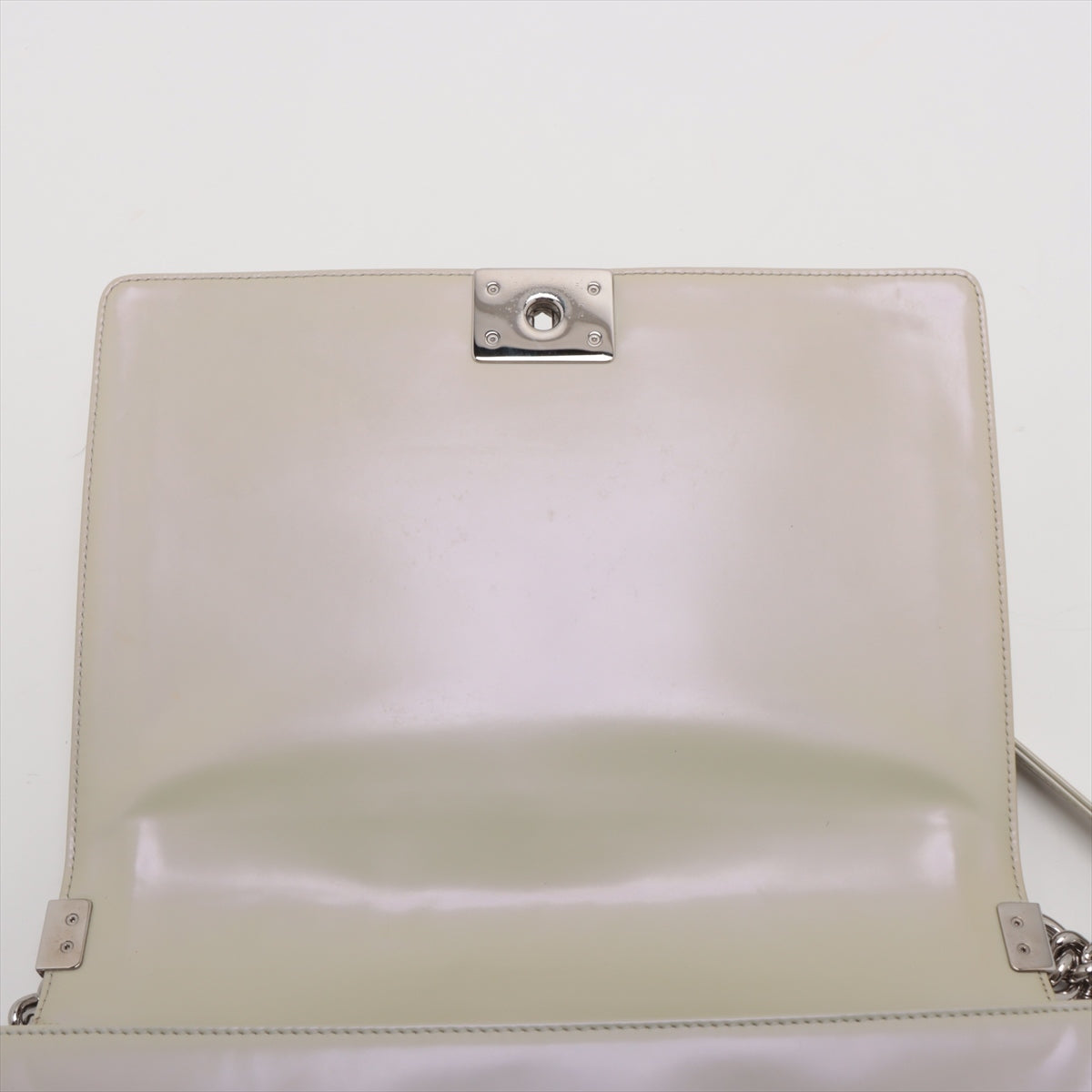 Chanel Boy Chanel Patent Leather Chain Shoulder Bag Pearl White Silver