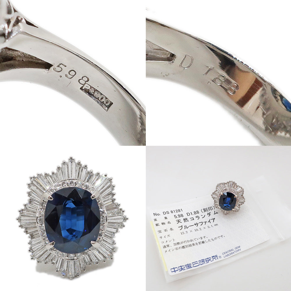 Pt900 Blue Sapphire 5.98ct Diamond 1.88ct Ring 