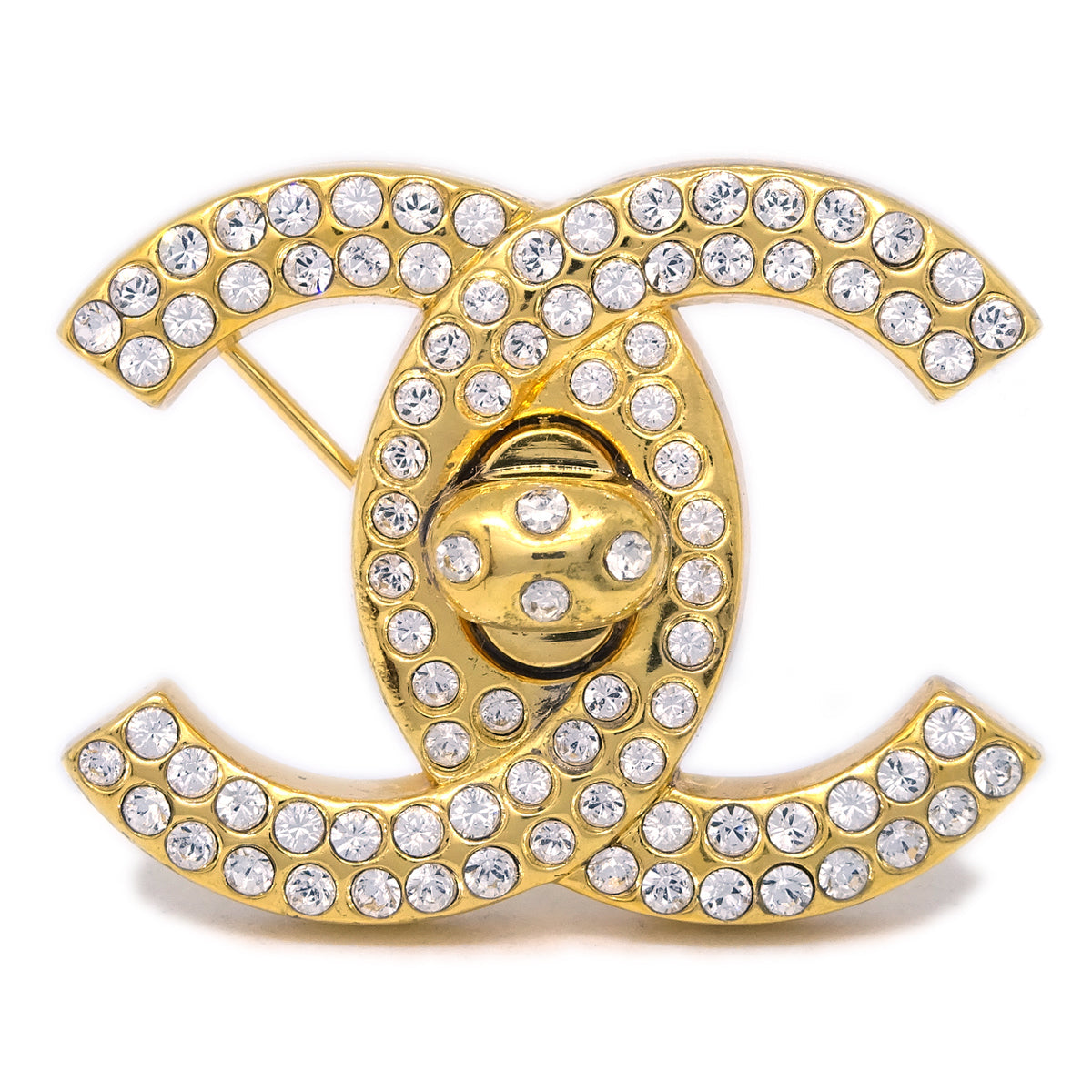 Chanel 1997 Crystal &amp; Gold CC Turnlock Brooch Large