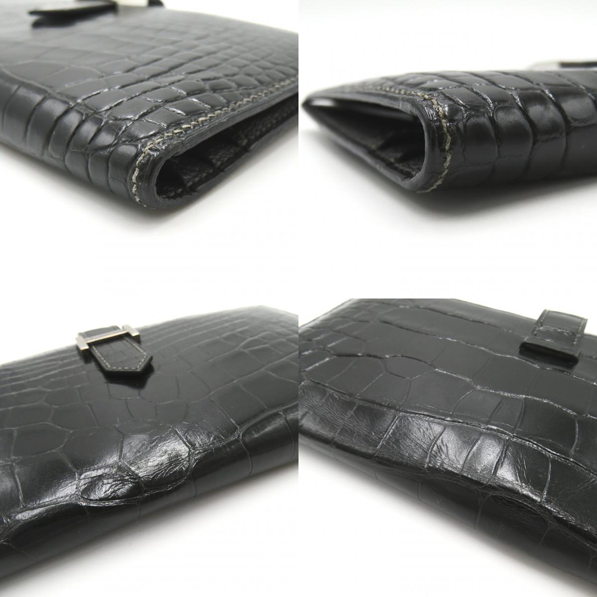 Hermes  Two Fold Wallet Two Folded Wallet Wallet Leather Alligator   Black Box