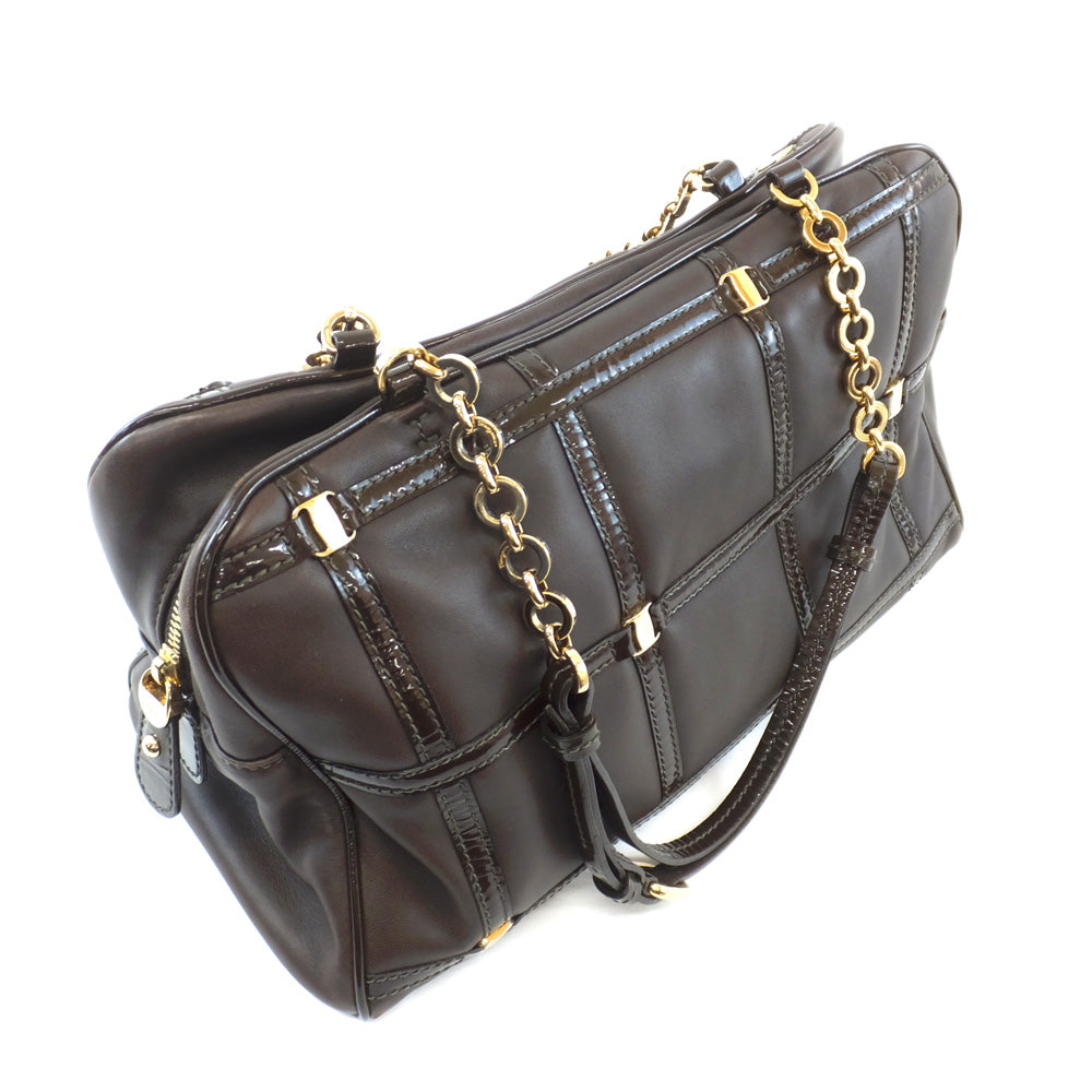 FERRAGAMO Ferragamo Leather Chain Shoulder Boston Bag Dark Brown G  GG-21 C800 Patent Leather