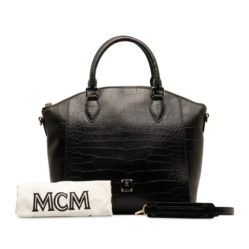 MCM Em Crocodile Pushed Tote Bag Shoulder Bag 2WAY Black Leather  MCM