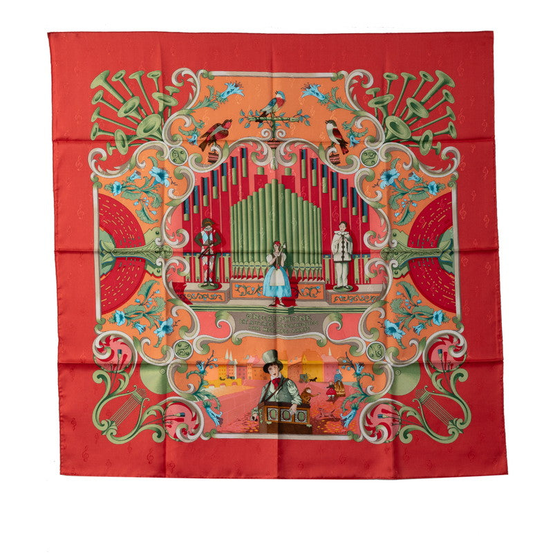 Hermes Carré 90 ORGAUPHONE ET AUTRES MECANIQUES Pipe Organ and work Instruments SCalf Red Multicolor Silk  Hermes