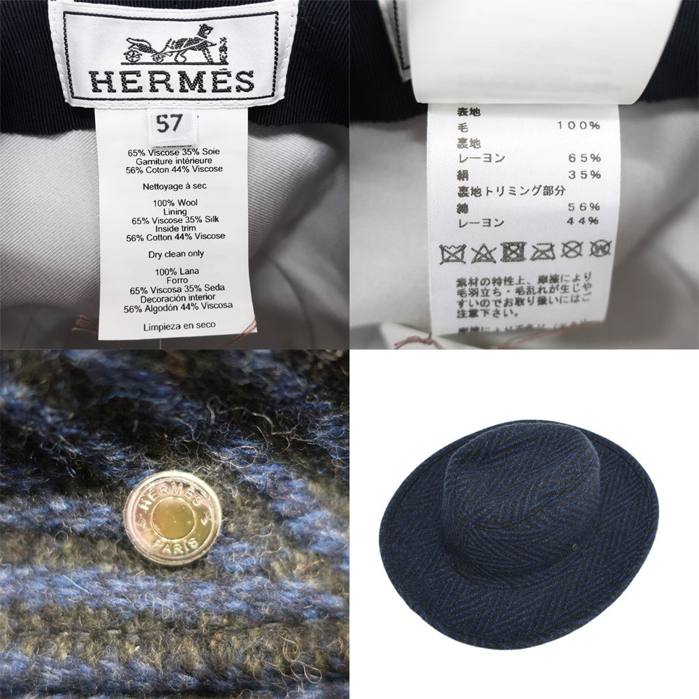 Hermes Hat Navy Blue Black Wool Sheepwood Size 57 Broken Hat Hat Apparel  New Unused]