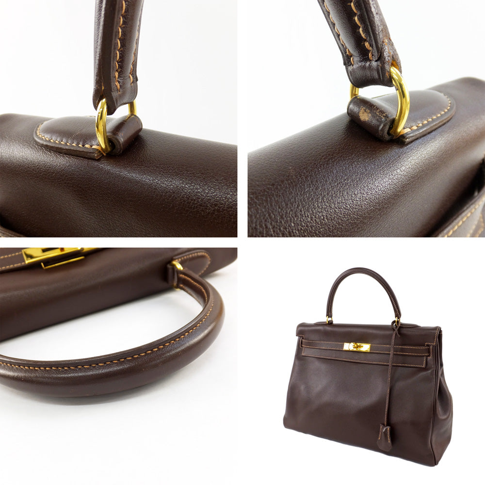 HERMES Hermes Kelly 35 Handbag Shoulder Strap G  Courchevel Dark Brown  0Z  Manufactured around 1996 Cadena Key  Women Wade