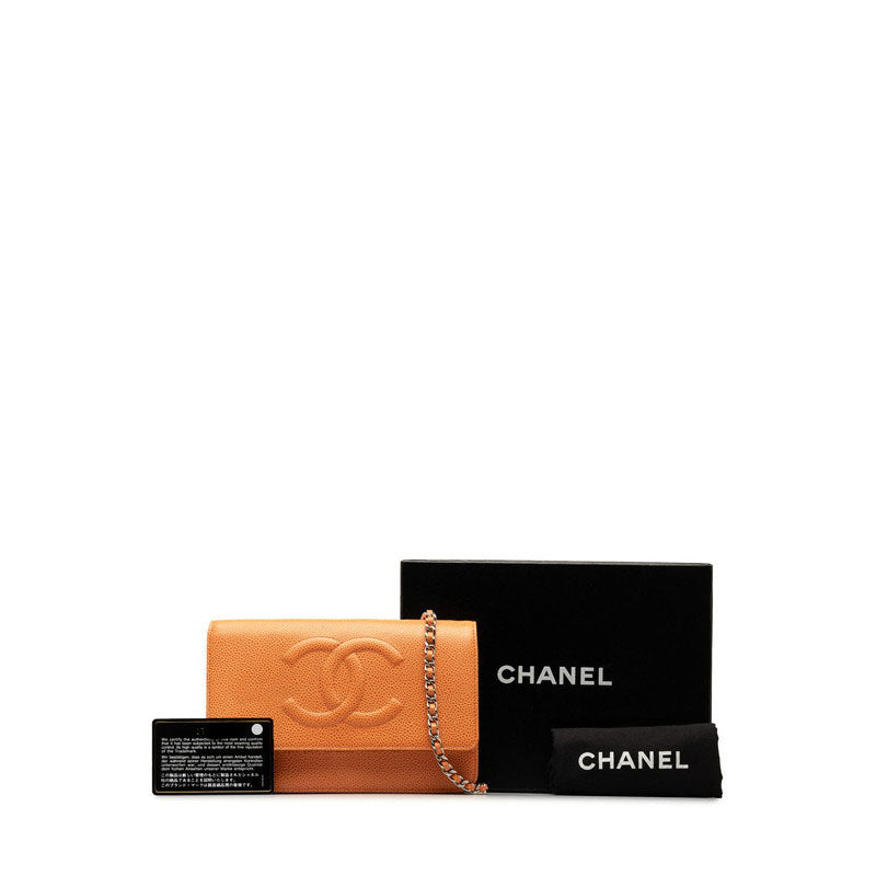 Chanel Coco Chain Wallet Shoulder Bag Orange Silver Caviar S  CHANEL