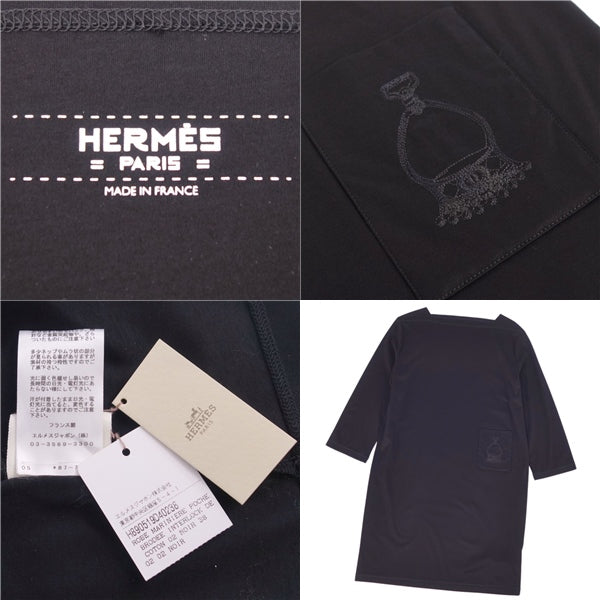 Hermes One Earrings Cutting Machine Square Neck Long Sleep Long  Stitching Tops  38 (M equivalent) Black  Livestock