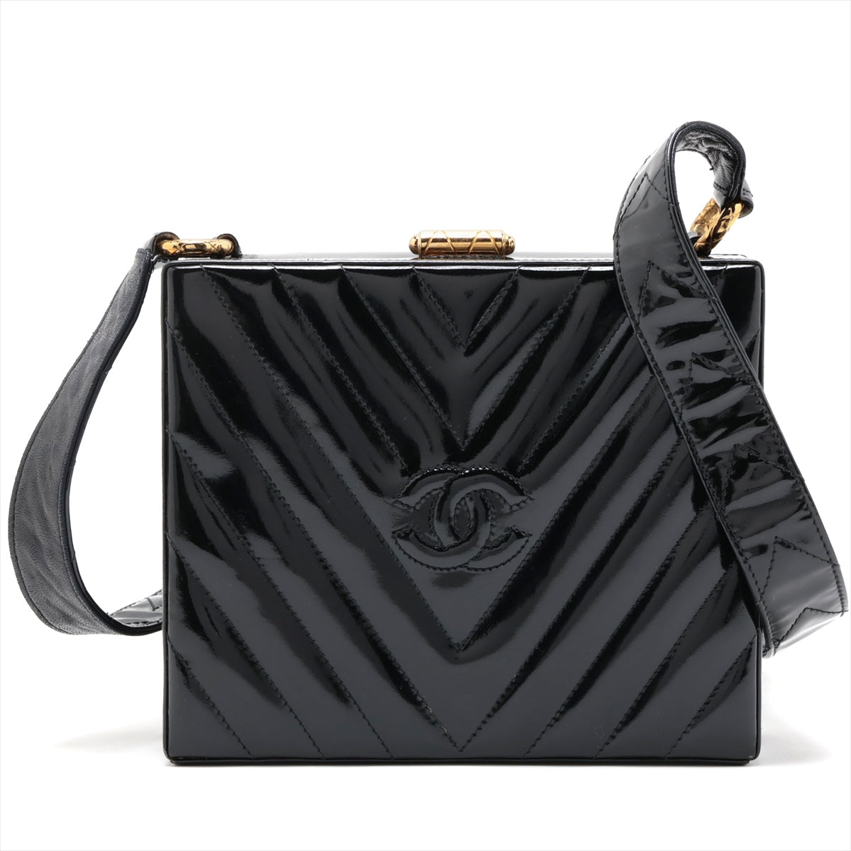 Chanel V Stitch Patent Leather Shoulder Bag Coco Black G Gold  Holding Gold Tools and Other Speech