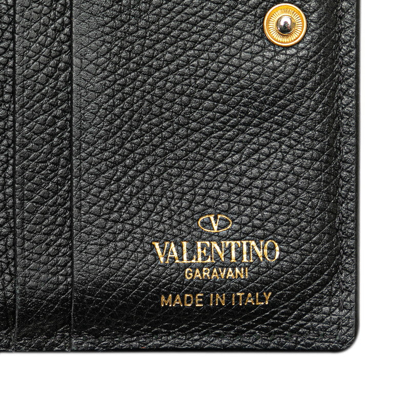 Valentino V logo signature two fed wallet compact wallet black leather ladies Valentino 【semi-antiquarters】 Flap-and-flip