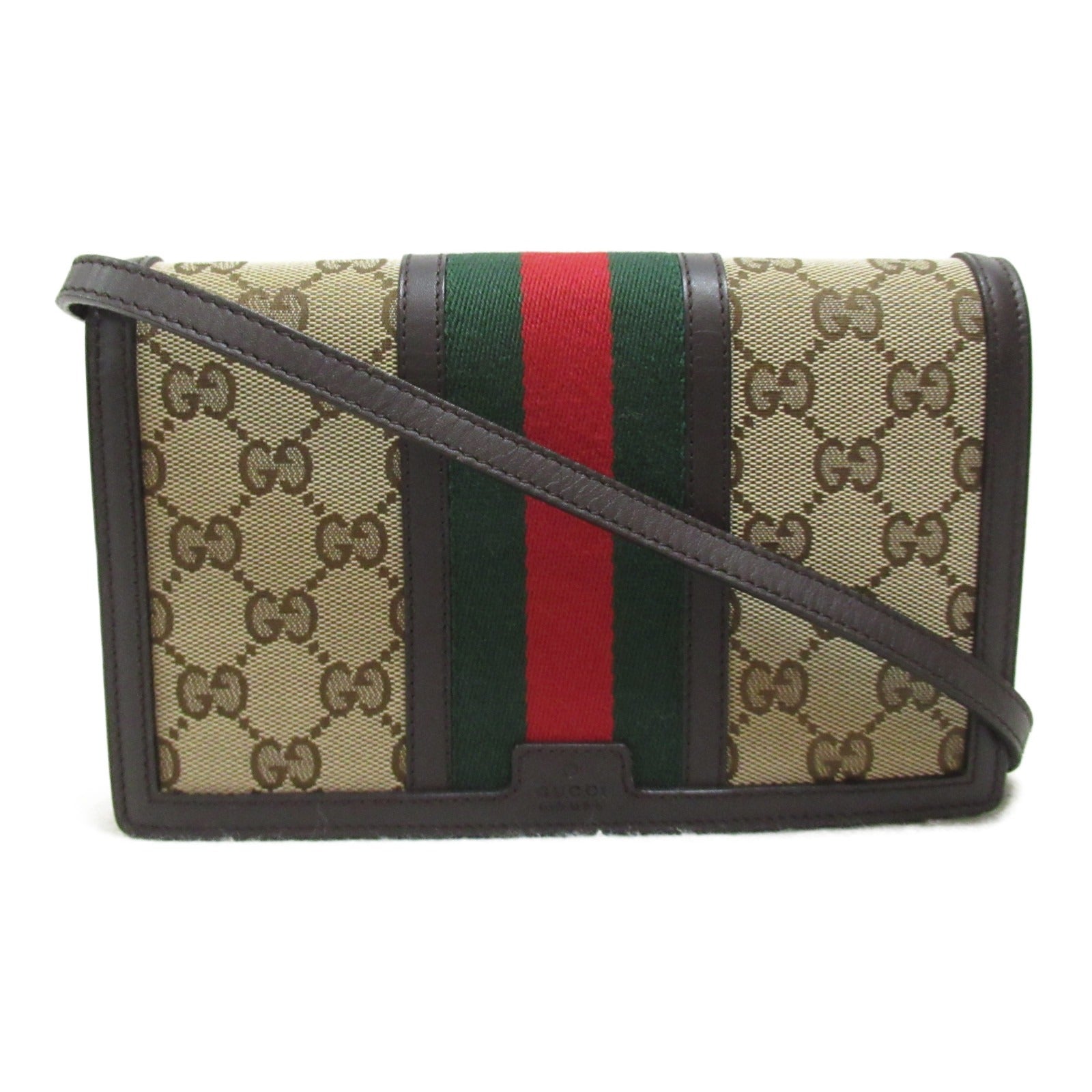 Gucci Shoulder Wallet Shoulder Bag Leather Linen  Beige Dark Brown 409439