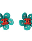 Chanel Flower Piercing Earrings Rhinestone Green 04P
