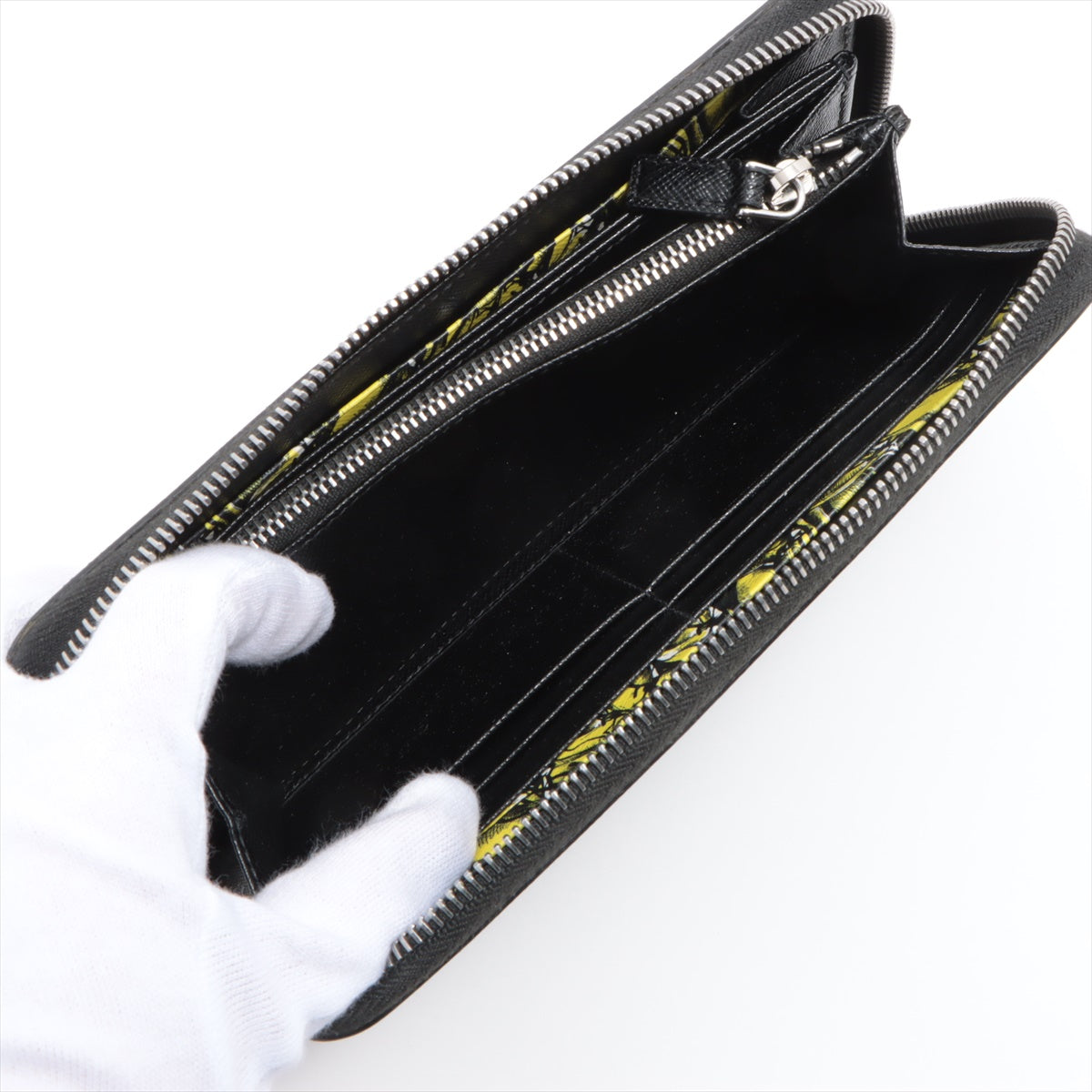 Prada Sapphire Leather Round  Wallet Black X Yellow