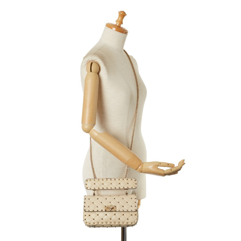 Valentino Rockstud Spike Handbag Chain Shoulder Bags 2WAY Beige Ivory Leather  Valentino