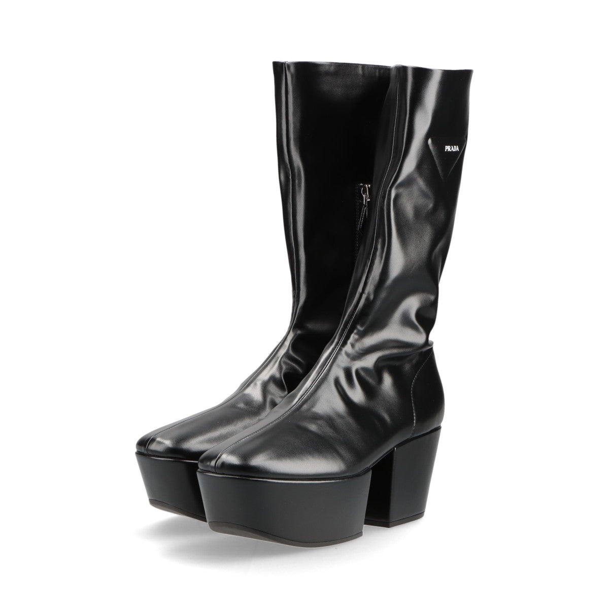 Prada Triangle Logo Leather Boots 37.5 Black Nappatech Side Zip 