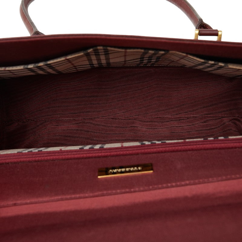 Burberry Noneva Check Handbag Tote Red Leather