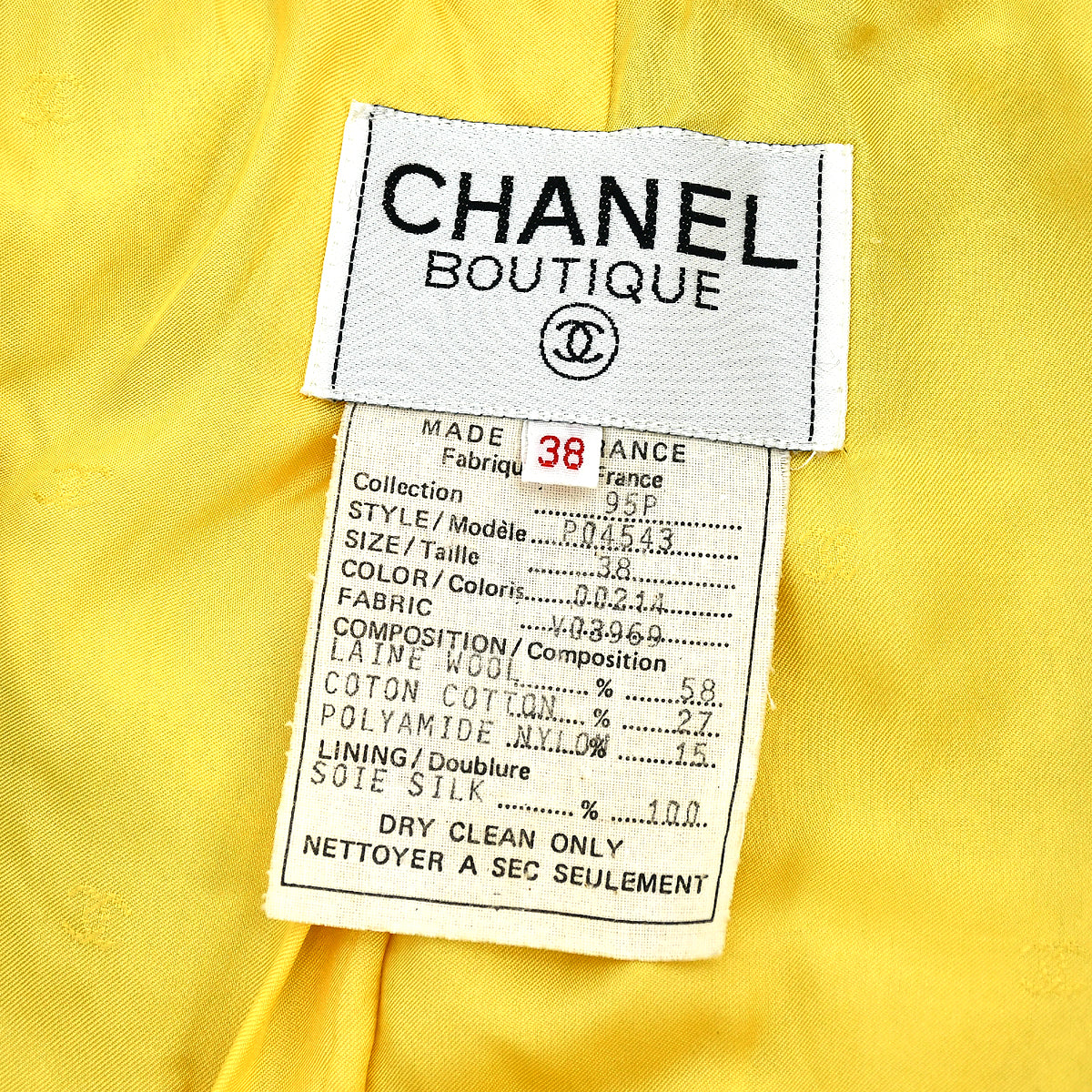 Chanel Single Breasted Jacket Yellow 95P 