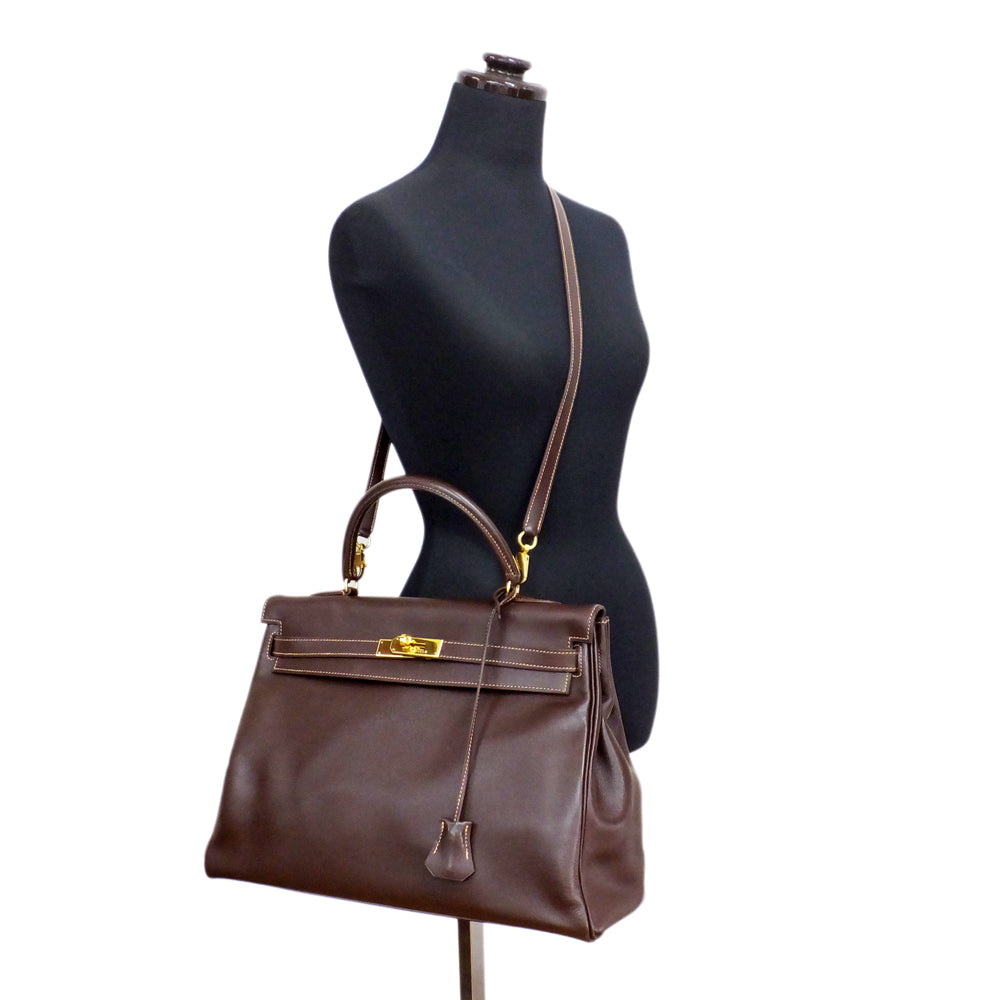 HERMES Hermes Kelly 35 Handbag Shoulder Strap G  Courchevel Dark Brown  0Z  Manufactured around 1996 Cadena Key  Women Wade