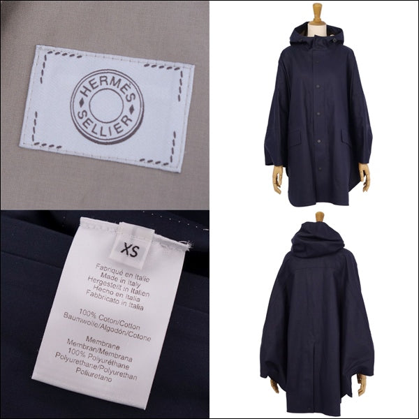 Hermes Coat Ariel Poncho Bonding Buttons Cotton   Italian XS Navy XS