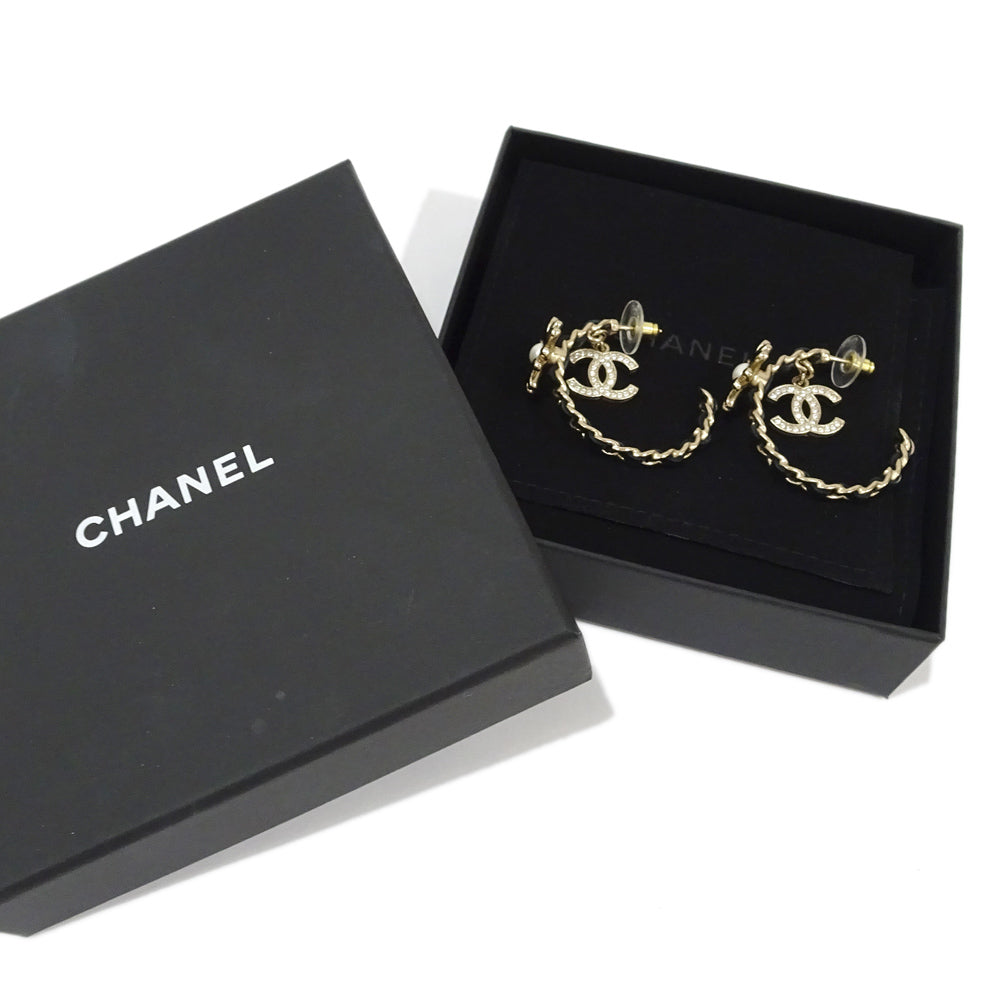 Chanel Stud_Earrings Flower Motif Line Stone Coco G Black GP Leather AB9650 A22K Accessoires Small