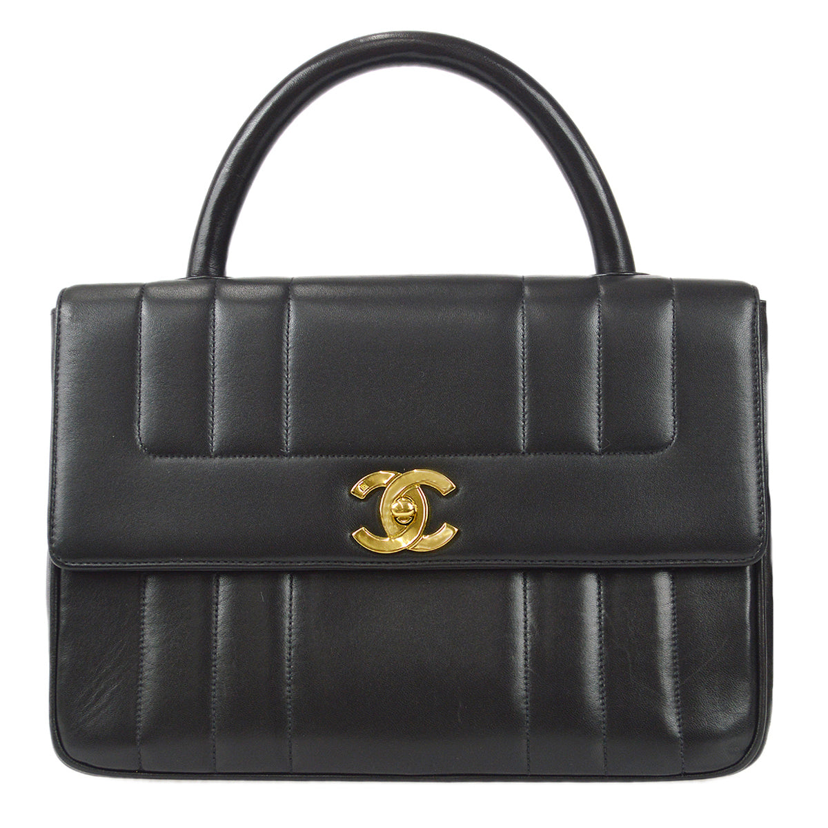 Chanel 1994-1996 Vertical Stith Top Handle Bag Black Lambskin
