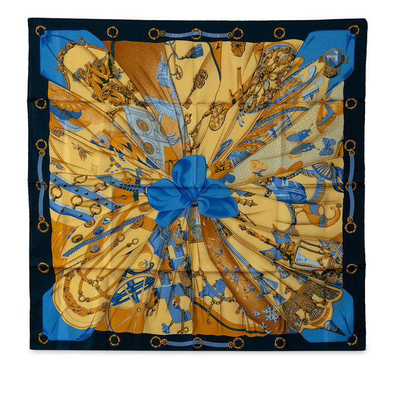 Hermes Carré 90 Soleil de Soie Silk Sun SCalf Navy Blue Multicolor Silk  Hermes