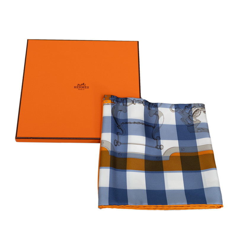 Hermes Carré 90 MORS ET GOURMETTES Horse Titles and Chains Gingam Check SCalf Multicolor Silk  Hermes