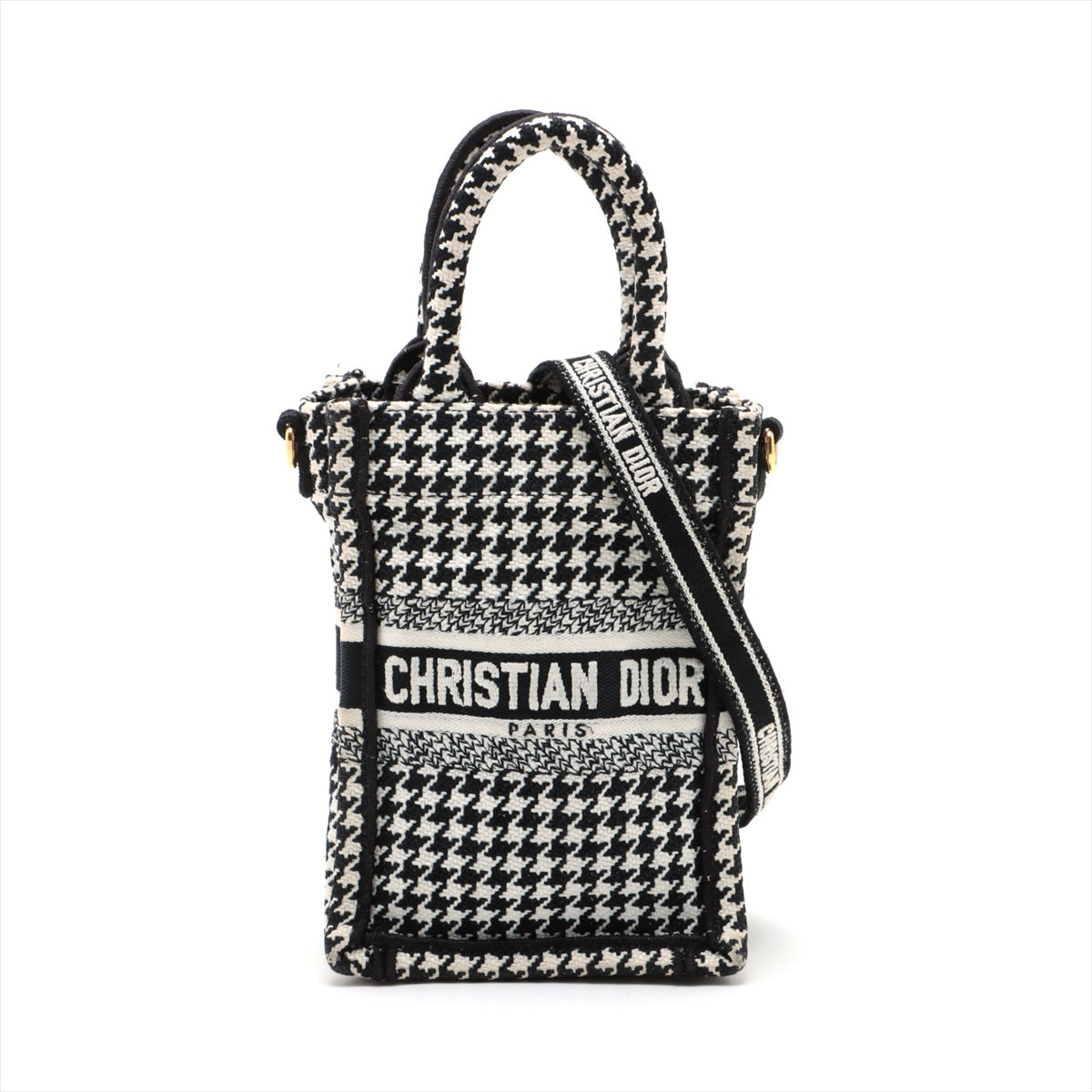 Christian Dior Book Tote Mini Phone Bag Canvas 2WAY Handbag Black X White