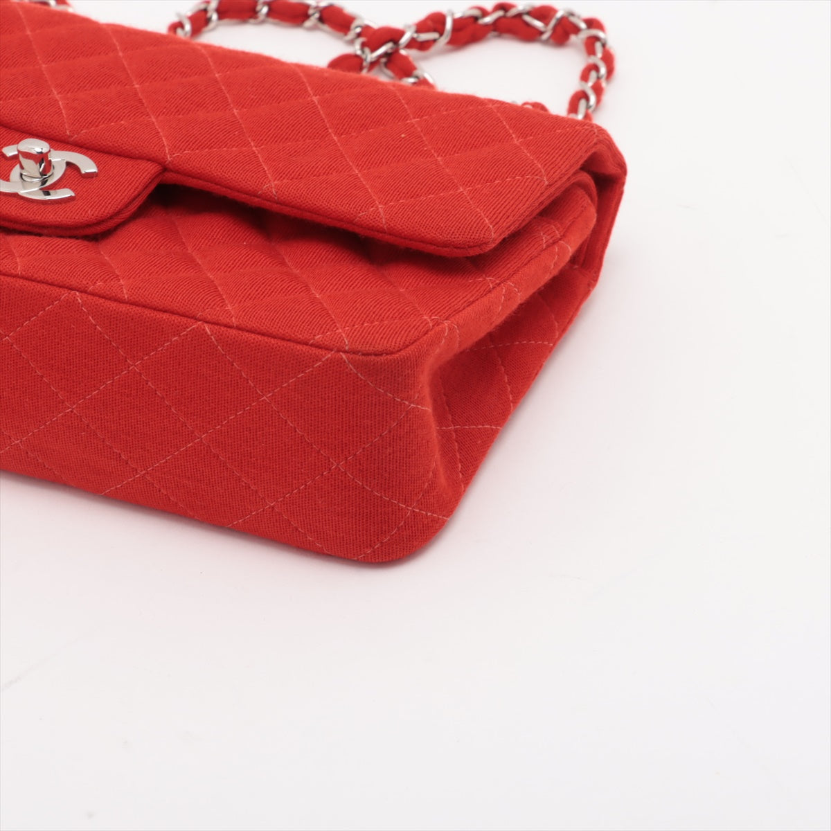 Chanel Matrasse 25 Cotton Double Flap Double Chain Bag Red Silver G  5th A01112